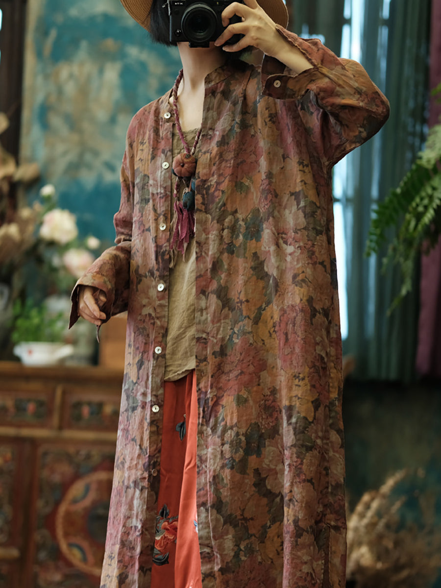 Women Vintage Floral Retro Ramie Button-up Long Shirt