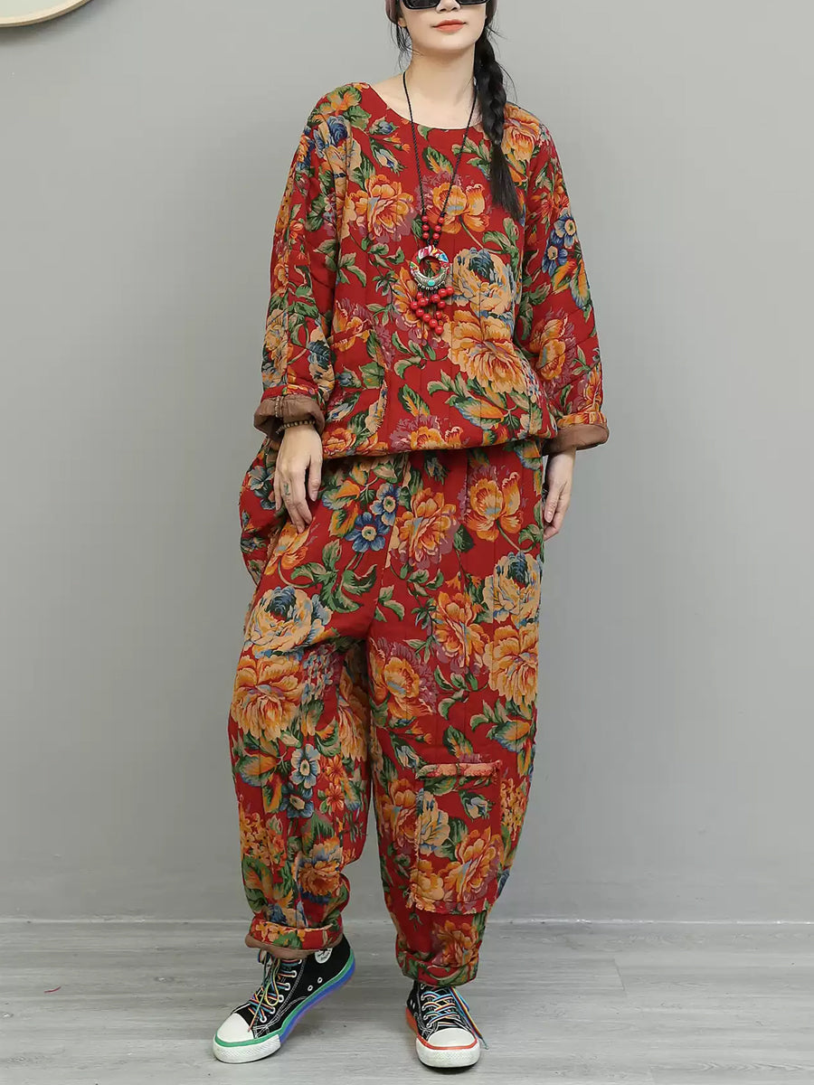 Women Vintage Winter Flower Cotton Padded Suits