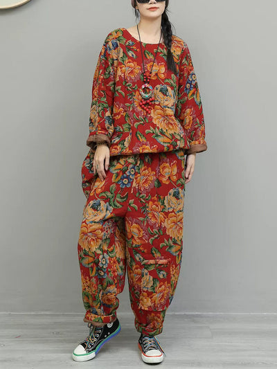 Women Vintage Winter Flower Cotton Padded Suits