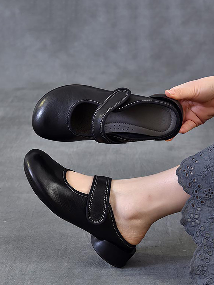 Women Artsy Genuine Leather Mary Jane Low Heel Slippers