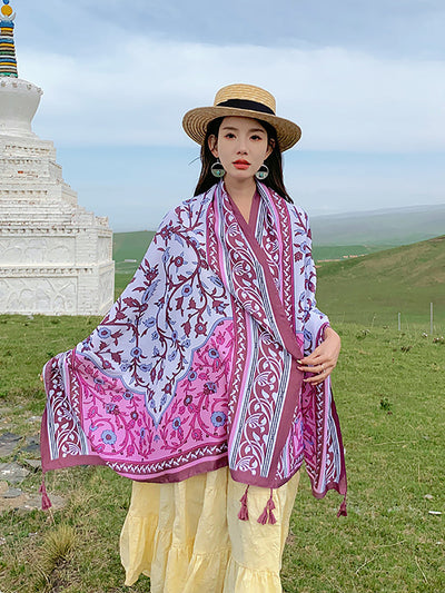 Women Ethnic Print Tassel Shawl Scarf