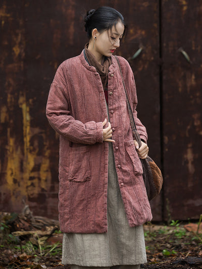 Women Winter Ethnic Solid Ramie Padded Long Coat