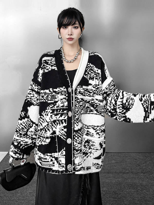 Long Sleeves Loose Abstract Printed Buttoned Contrast Color Pockets Split-Joint Collarless Cardigan Tops Outerwear