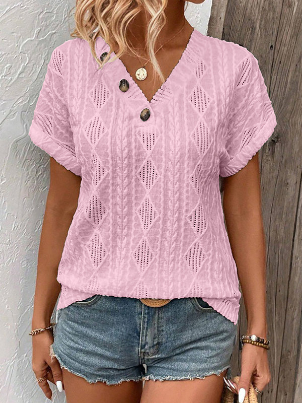 Loose Short Sleeves Buttoned Solid Color V-Neck T-Shirts Tops