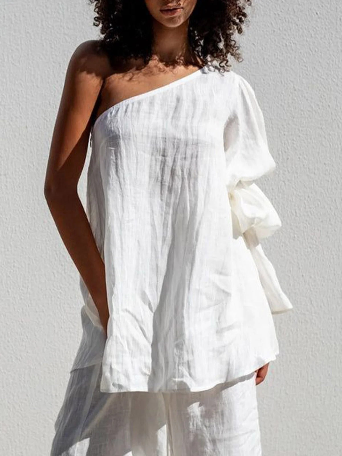 Flared Sleeves Loose Asymmetric Elasticity Pleated Solid Color Split-Joint One-Shoulder Blouses&Shirts Tops