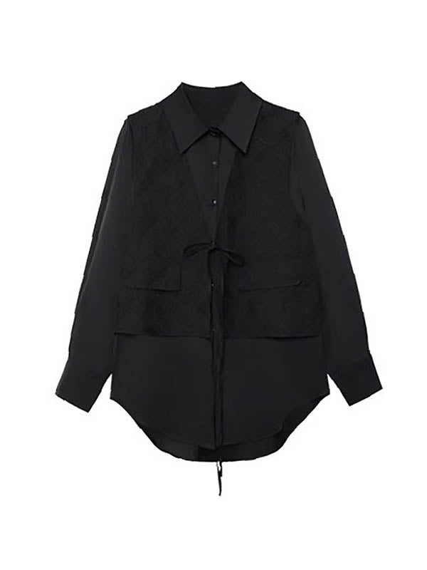 Solid Color Split-Joint Asymmetric Drawstring Flower Print   False Two Lapel Buttoned Pockets Blouses&Shirts Tops + Elasticated Waist Double Layered Skirts Bottoms Two Pieces Set