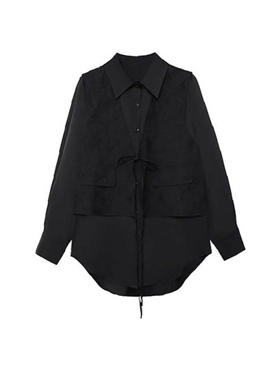 Solid Color Split-Joint Asymmetric Drawstring Flower Print   False Two Lapel Buttoned Pockets Blouses&Shirts Tops + Elasticated Waist Double Layered Skirts Bottoms Two Pieces Set