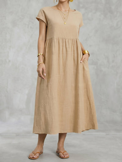 A-Line Plus Size Pleated Pockets Solid Color Round-Neck Midi Dresses