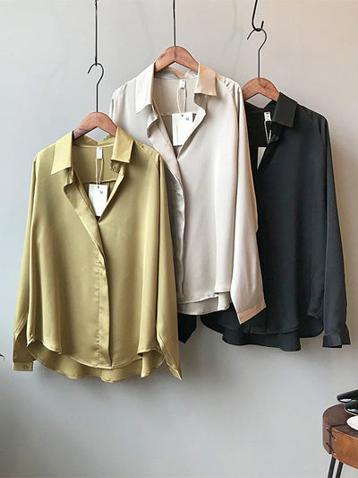 Satin V-Neck Loose Solid Color High-Low Long Sleeve Shirts