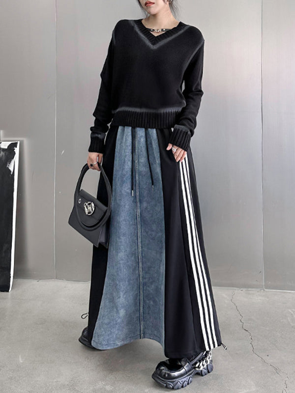 A-Line Loose Contrast Color Drawstring Split-Joint Striped Skirts Bottoms
