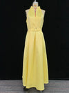 A-Line Loose Belted Pleated Pockets Solid Color V-Neck Midi Dresses