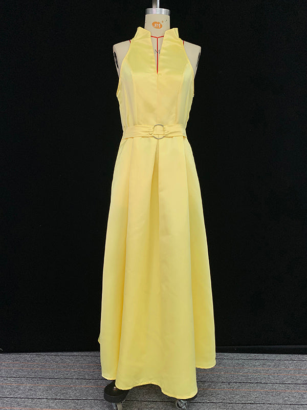 A-Line Loose Belted Pleated Pockets Solid Color V-Neck Midi Dresses