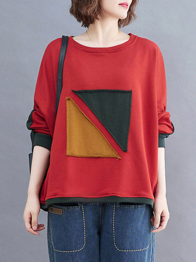 Artistic Retro Loose Triangle Applique Contrast Color Round-Neck Long Raglan Sleeves Sweatshirt