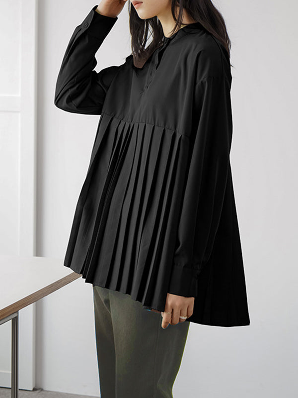 Long Sleeves Loose Buttoned Pleated Solid Color Round-Neck Blouses&Shirts Tops