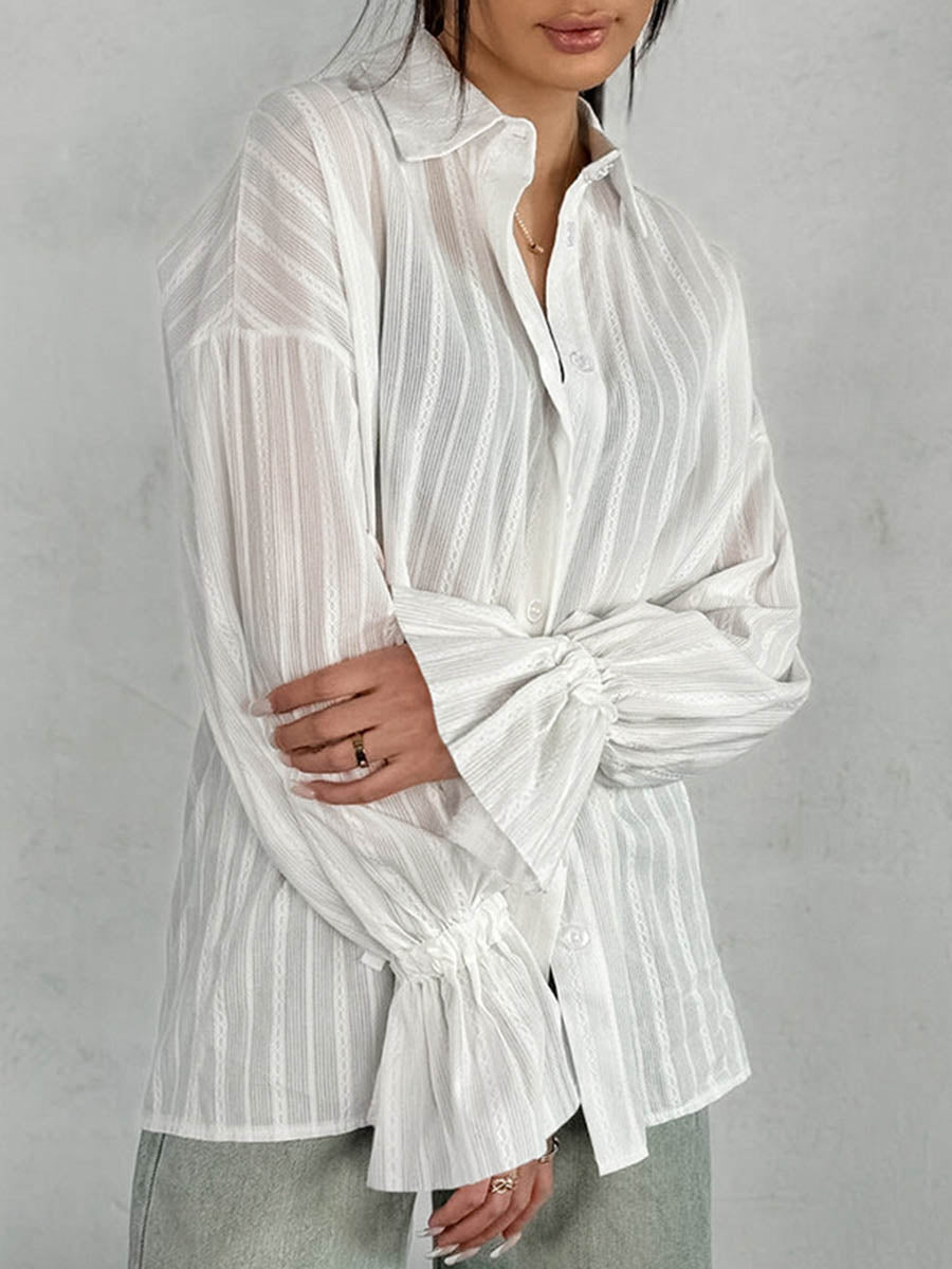 Long Sleeves Loose Buttoned Solid Color Split-Joint Striped Lapel Blouses&Shirts Tops