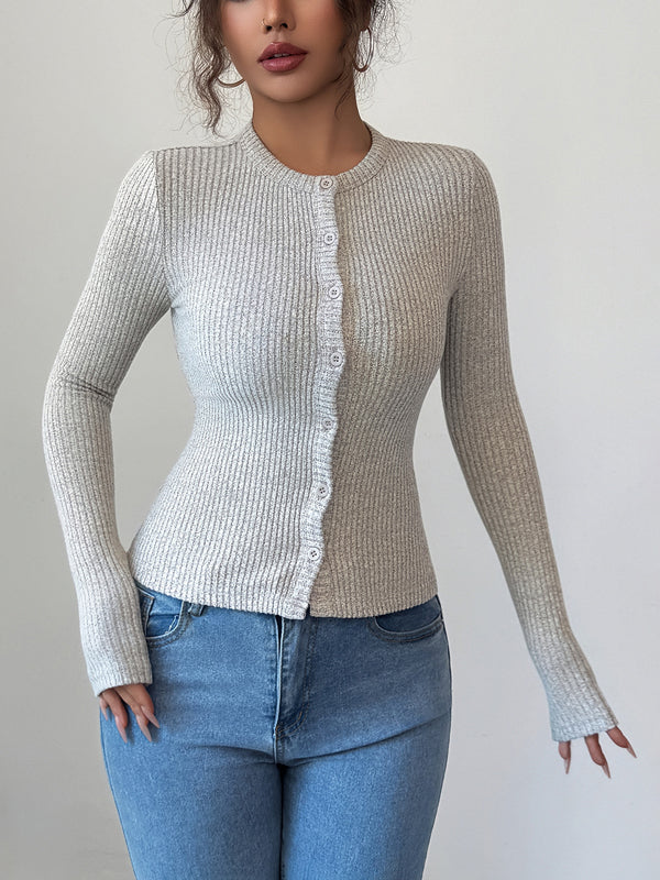 Long Sleeves Skinny Buttoned Solid Color Round-Neck Cardigan Tops
