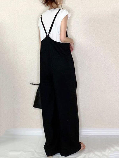Loose Sleeveless Solid Color Split-Joint Spaghetti-Neck Overalls