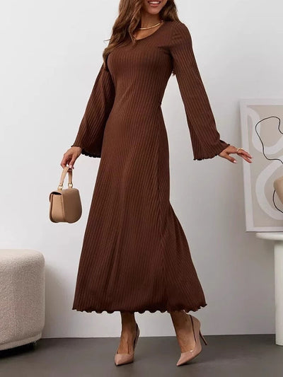 Long Sleeves Pleated Ruffled Solid Color Split-Joint Round-Neck Maxi Dresses