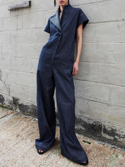 High Waisted Loose Solid Color V-Neck Jumpsuits