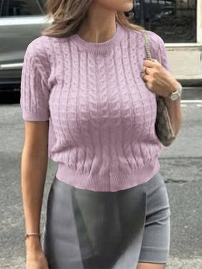 Short Sleeves Solid Color Split-Joint Round-neck Pullovers Sweater Tops