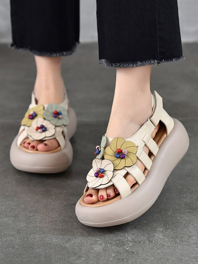 Women Casual Artsy Leather Flowe Platform Sandals