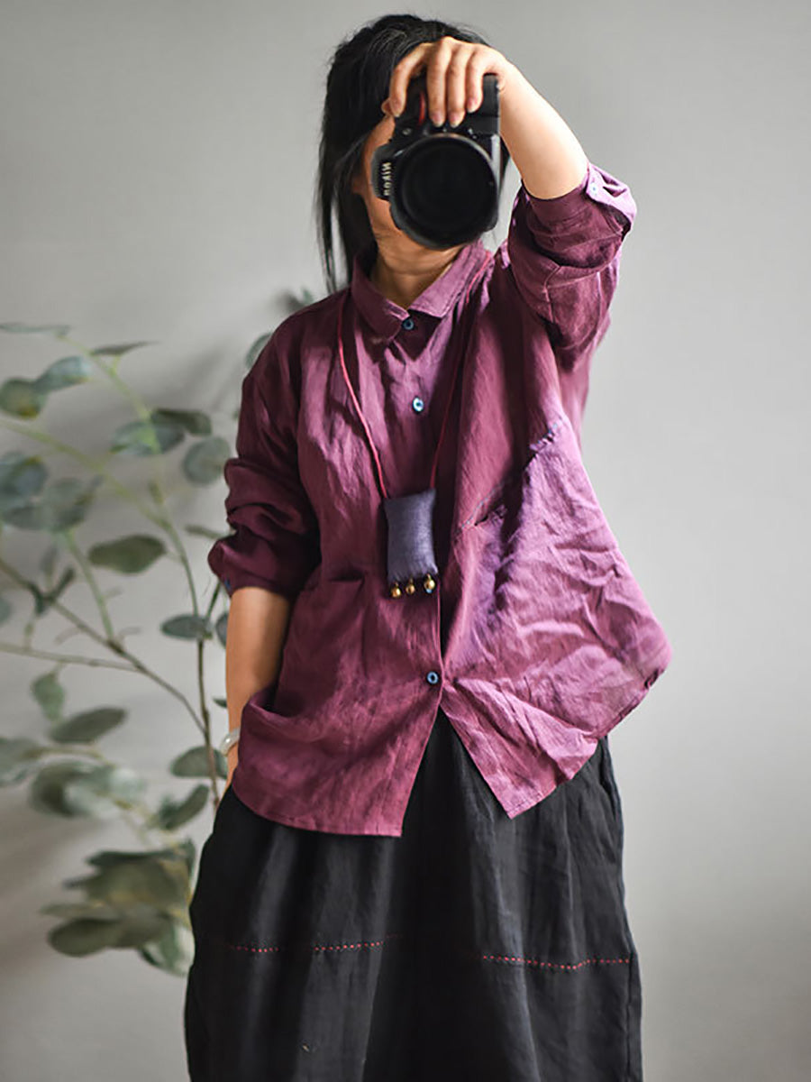 Plus Size Women Casual Solid Spring Stitching Linen Shirt