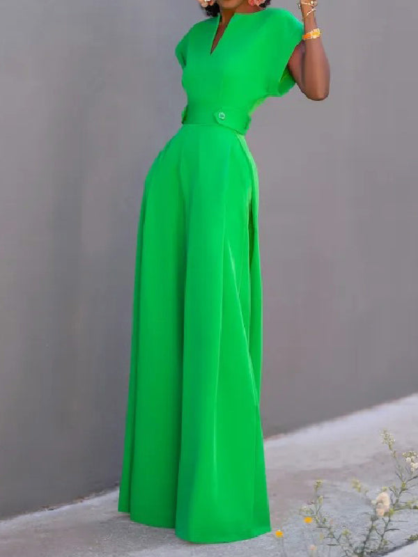 Cap Sleeve Wide Leg Solid Color Jumpsuits