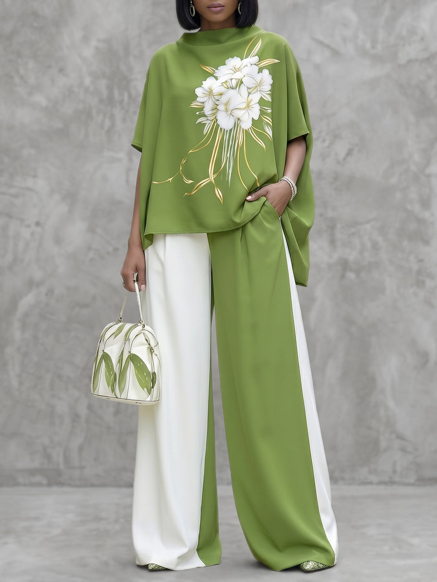 High Waisted Wide Leg Contrast Color Pockets Casual Pants Bottoms Trousers