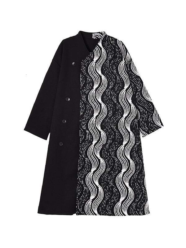 Long Sleeves Loose Buttoned Contrast Color Pockets Stand Collar Woolen Coat