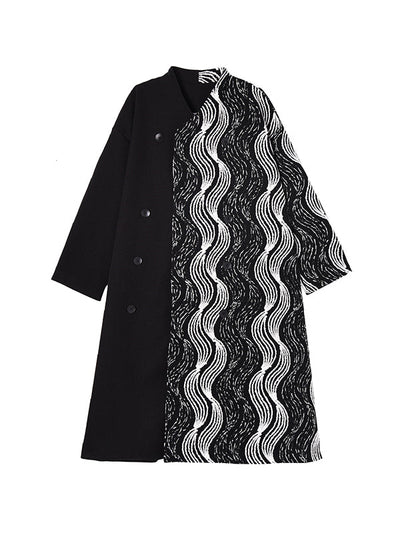 Long Sleeves Loose Buttoned Contrast Color Pockets Stand Collar Woolen Coat