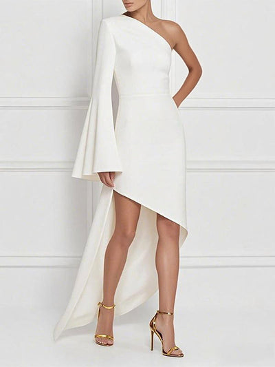 High-Low Long Sleeves Asymmetric Solid Color One-Shoulder Maxi Dresses