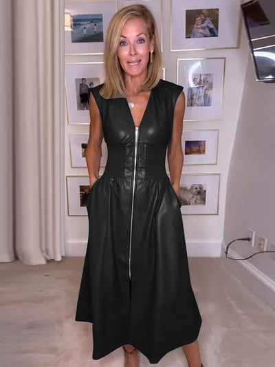 A-Line Elasticated Waist Pockets Solid Color Split-Joint Zipper V-Neck Midi Dresses