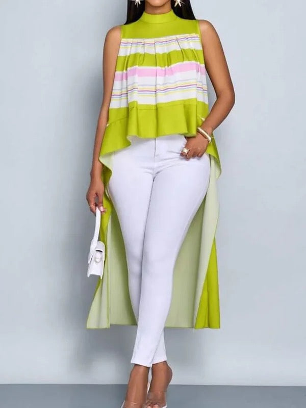 High-Low Loose Contrast Color Pleated Mock Neck Blouses&Shirts Tops