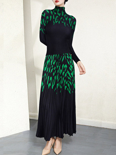 Long Sleeves Printed Mock Neck T-Shirt Top + Pleated A-Line Skirts Bottom Two Pieces Set