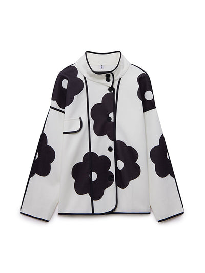 Long Sleeves Loose Contrast Color Flower Print Split-Joint Stand Collar Jackets Outerwear