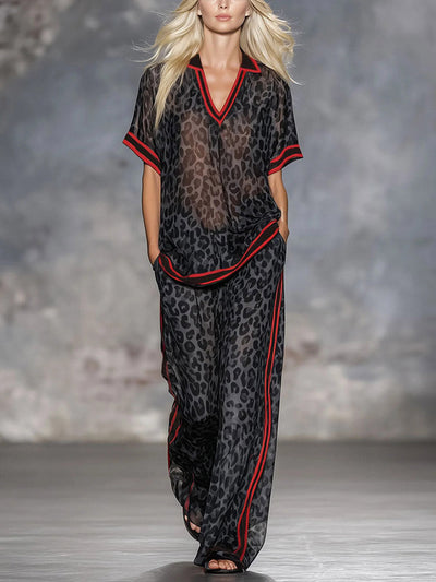 Loose Wide Leg Contrast Color Leopard Pockets Split-Joint Striped Pants Trousers