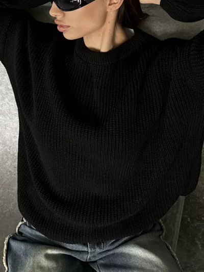 Long Sleeves Loose Solid Color Split-Joint Round-Neck Sweater Tops