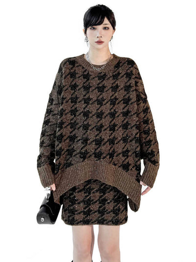Contrast Color Split-Joint Ribs Shiny Swallow Gird/Houndstooth Round-Neck Sweater Tops + A-Line Elasticated Waist Skirts Bottoms  Two Pieces Set