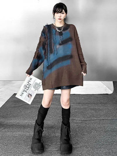 Irregularity Long Sleeves Abstract Printed Asymmetric Contrast Color Split-Joint Tasseled Round-Neck Sweater Tops