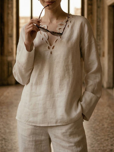 Long Sleeves Loose Hollow Solid Color V-Neck Blouses&Shirts Tops