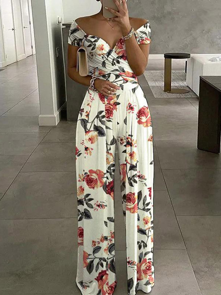 High Waisted Loose Contrast Color Pleated Printed Split-Joint Twist Off-The-Shoulder Jumpsuits