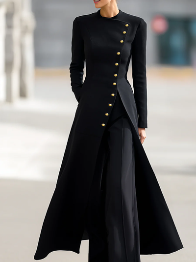 High Waisted Long Sleeves Buttoned Solid Color Split-Front Round-Neck Midi Dresses