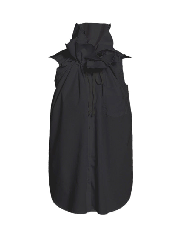 Loose Sleeveless Buttoned Drawstring Pleated Solid Color Stand Collar Vest Top