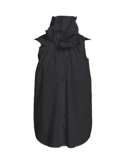 Loose Sleeveless Buttoned Drawstring Pleated Solid Color Stand Collar Vest Top