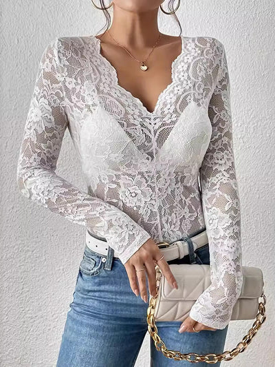 Long Sleeves Skinny Lacy See-Through Solid Color V-Neck T-Shirts