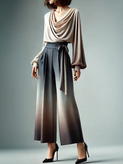 Loose Wide Leg Gradient Tied Waist Casual Pants Bottoms Trousers