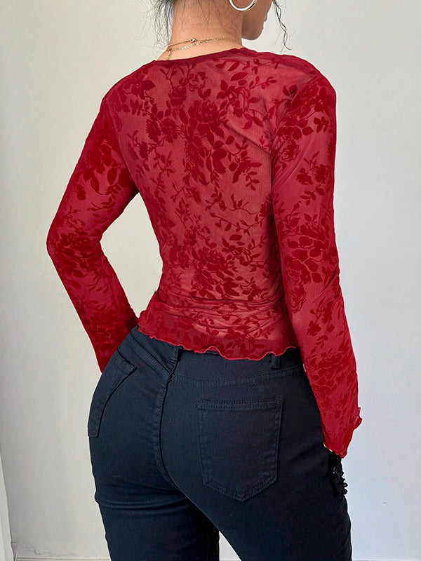 Flared Sleeves Long Sleeves Solid Color Deep V-Neck T-Shirts