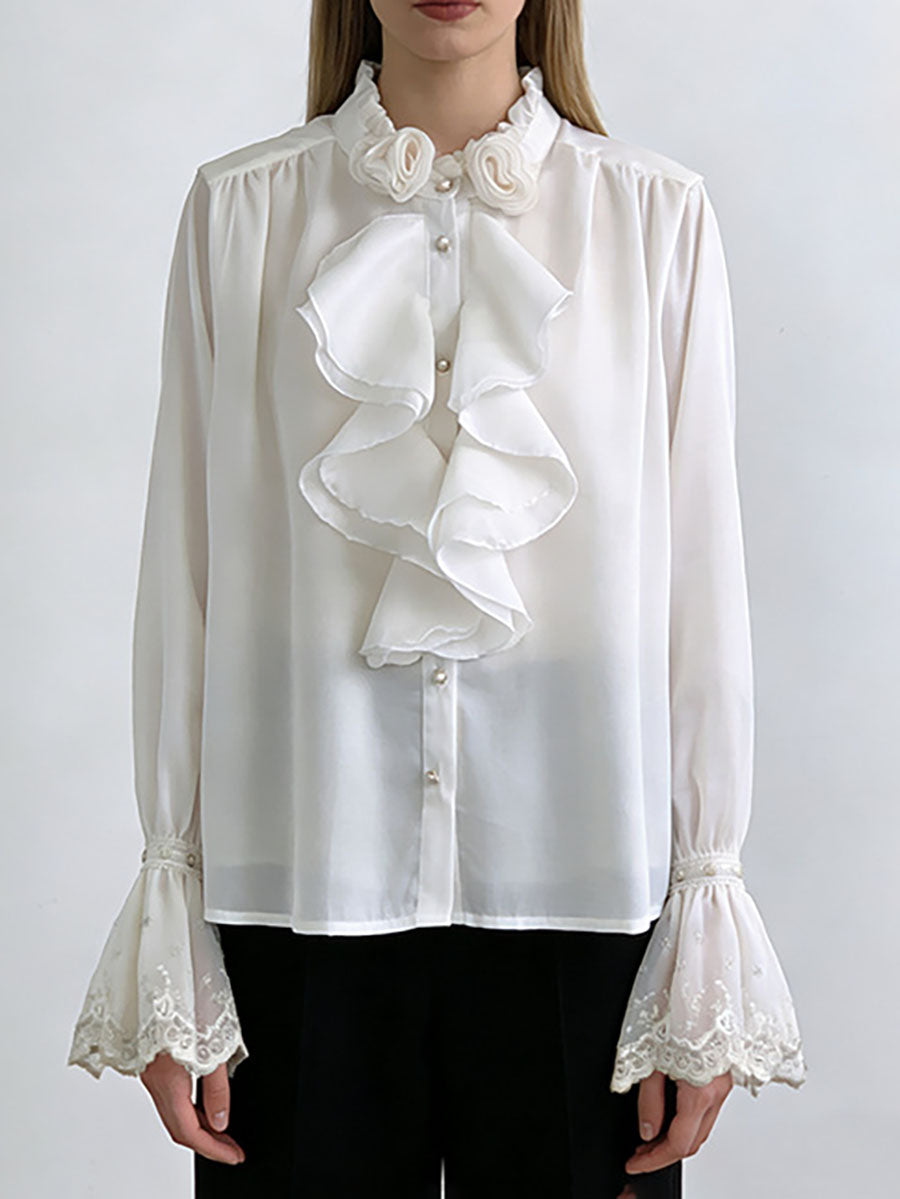 Long Sleeves Ruffle Sleeves Buttoned Pleated Ruffled Solid Color Split-Joint Stand Collar Blouses&Shirts Tops