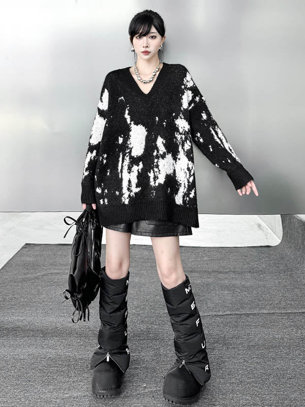 Long Sleeves Loose Abstract Printed Contrast Color Ribs Split-Joint V-Neck Sweater Tops