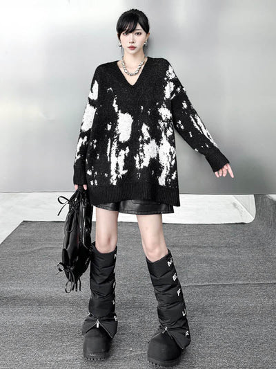 Long Sleeves Loose Abstract Printed Contrast Color Ribs Split-Joint V-Neck Sweater Tops